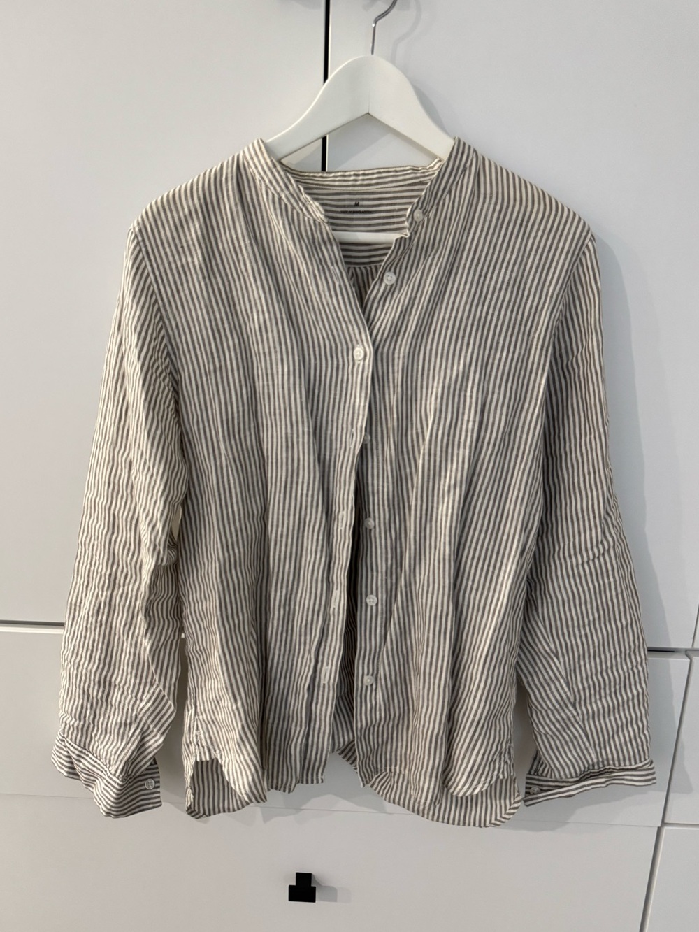 MUJI 100% Linen Striped Band Collar Blouse - Size M